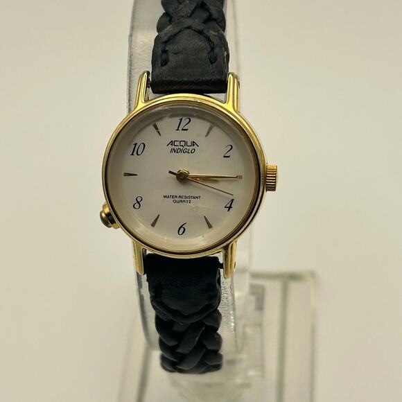 Acqua Indiglo Gold Black Leather Women’s Watch Working New Battery - Picture 1 of 8